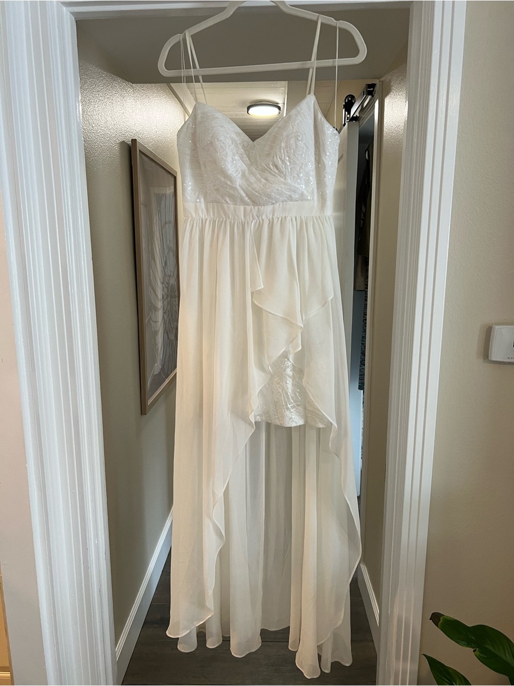 Women's White High-Low Chiffon Slip Dress with Lace Bodice